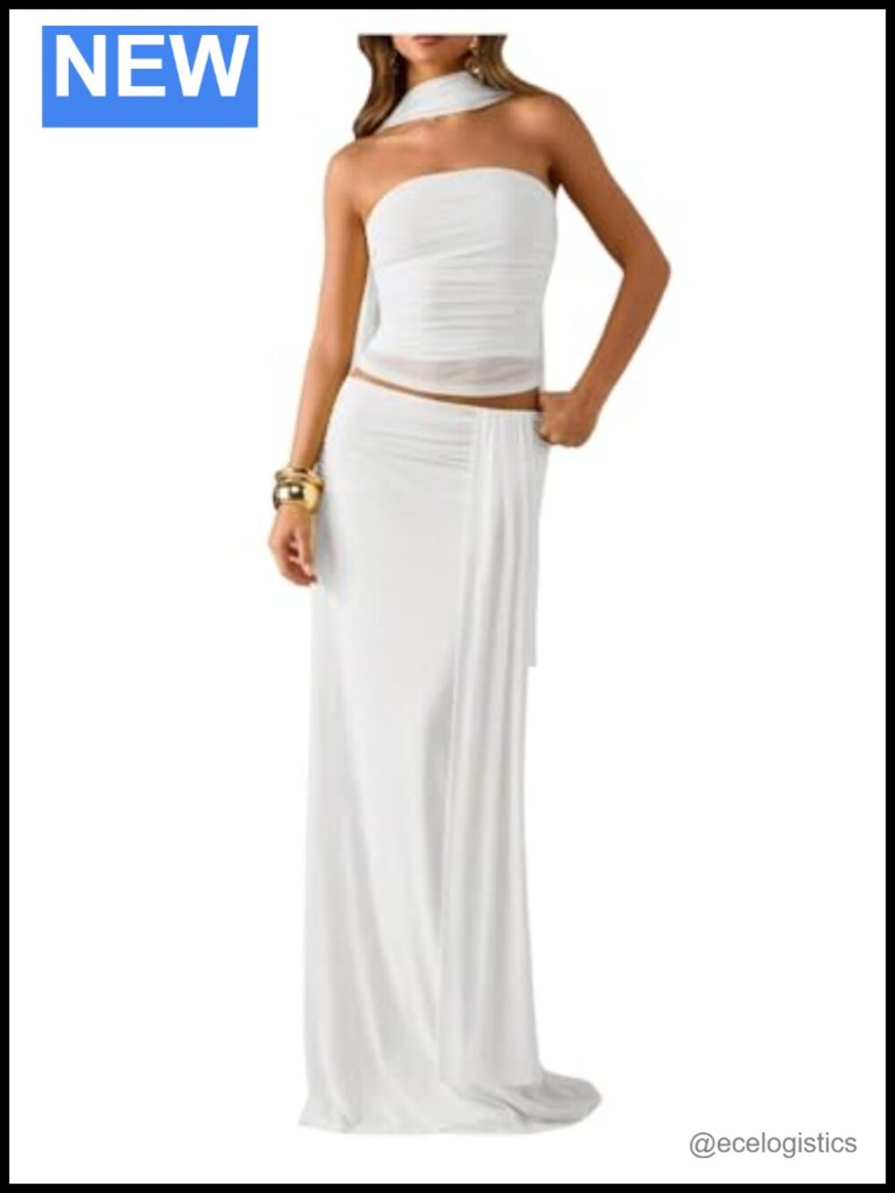 2 Piece Skirt Set Halter Crop Top Maxi Skirt with Scarf Party Clubwear